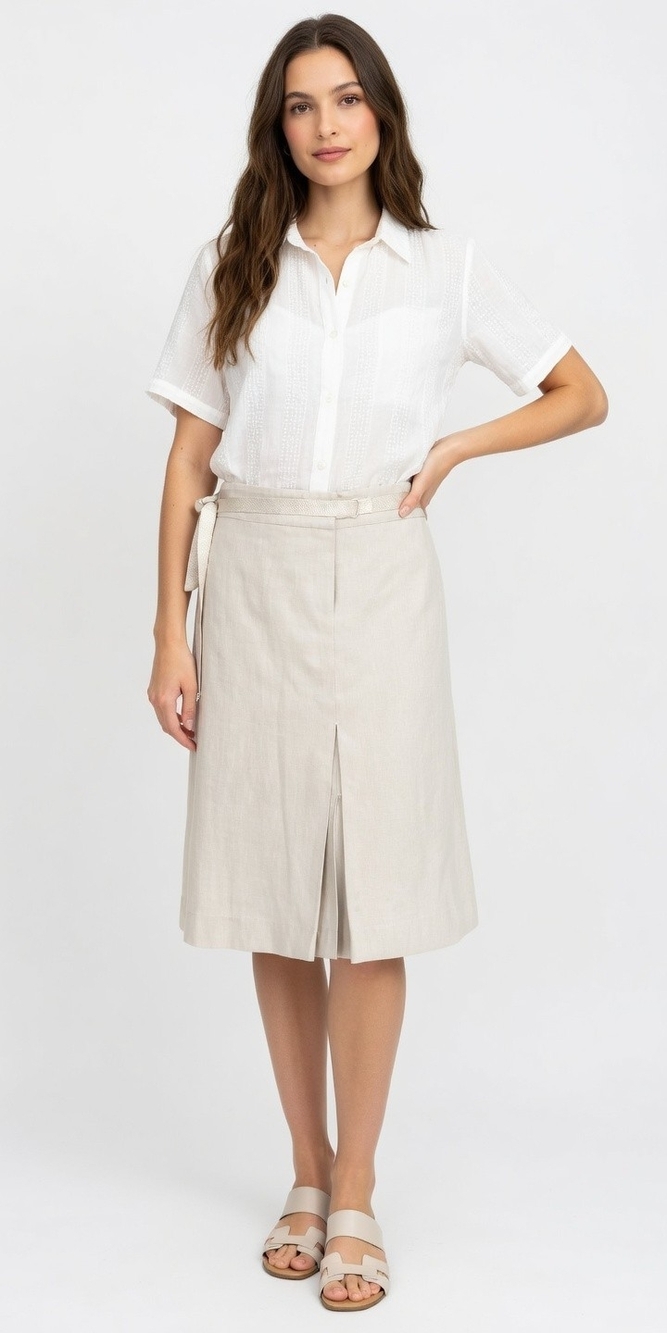MANGO Light Gray A-Line Skirt Ribbon Belt Knee Length Women Size 8 Front Slit EX
